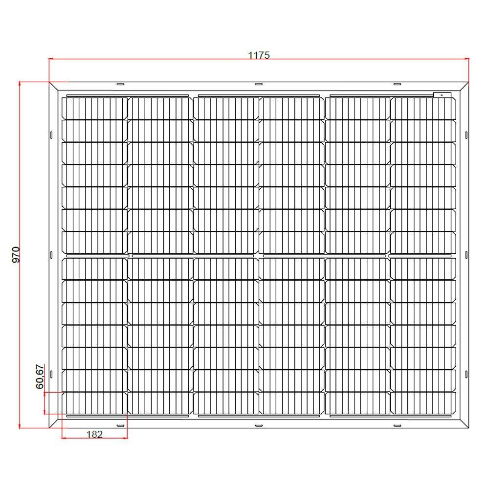 Technische Zeichnung eines rechteckigen Gitterpanels mit den Maßen 1175 mm Breite mal 970 mm Höhe, zeigt internes Zellenlayout und eine Schnittbreite von 182 mm.