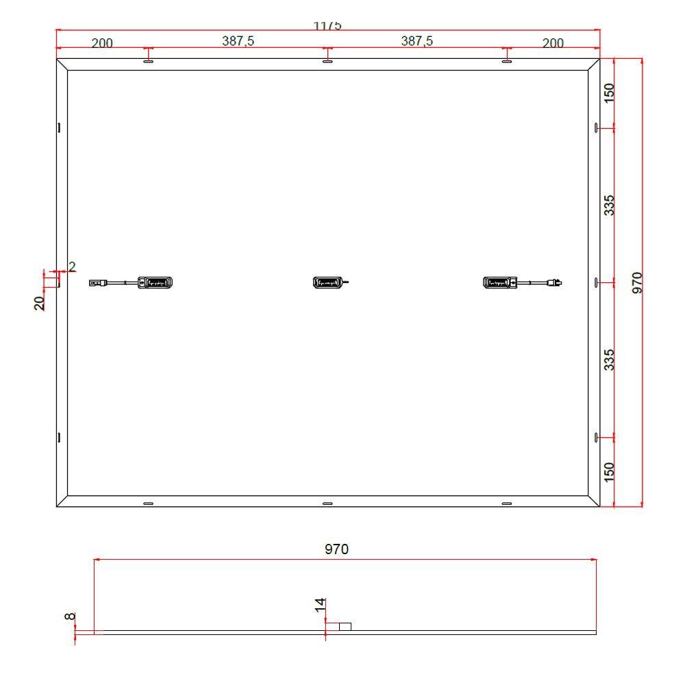 Technische Zeichnung eines rechteckigen Panels oder Fensterrahmens mit Vorder- und Seitenansichten mit Bemaßungslinien mit den Bezeichnungen 970, 1175, 387,5, 335, 200, 150, 20, 14 und 8.
