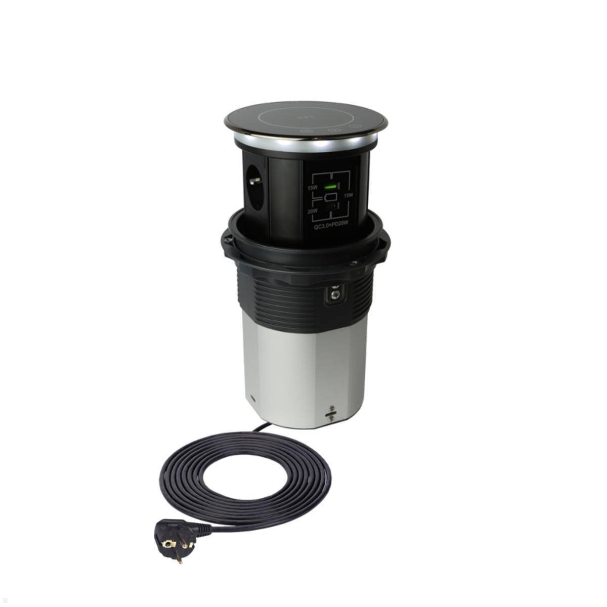 TecLines TVS012B versenkbare 3-fach Steckdose mit USB A/C und Qi Charger