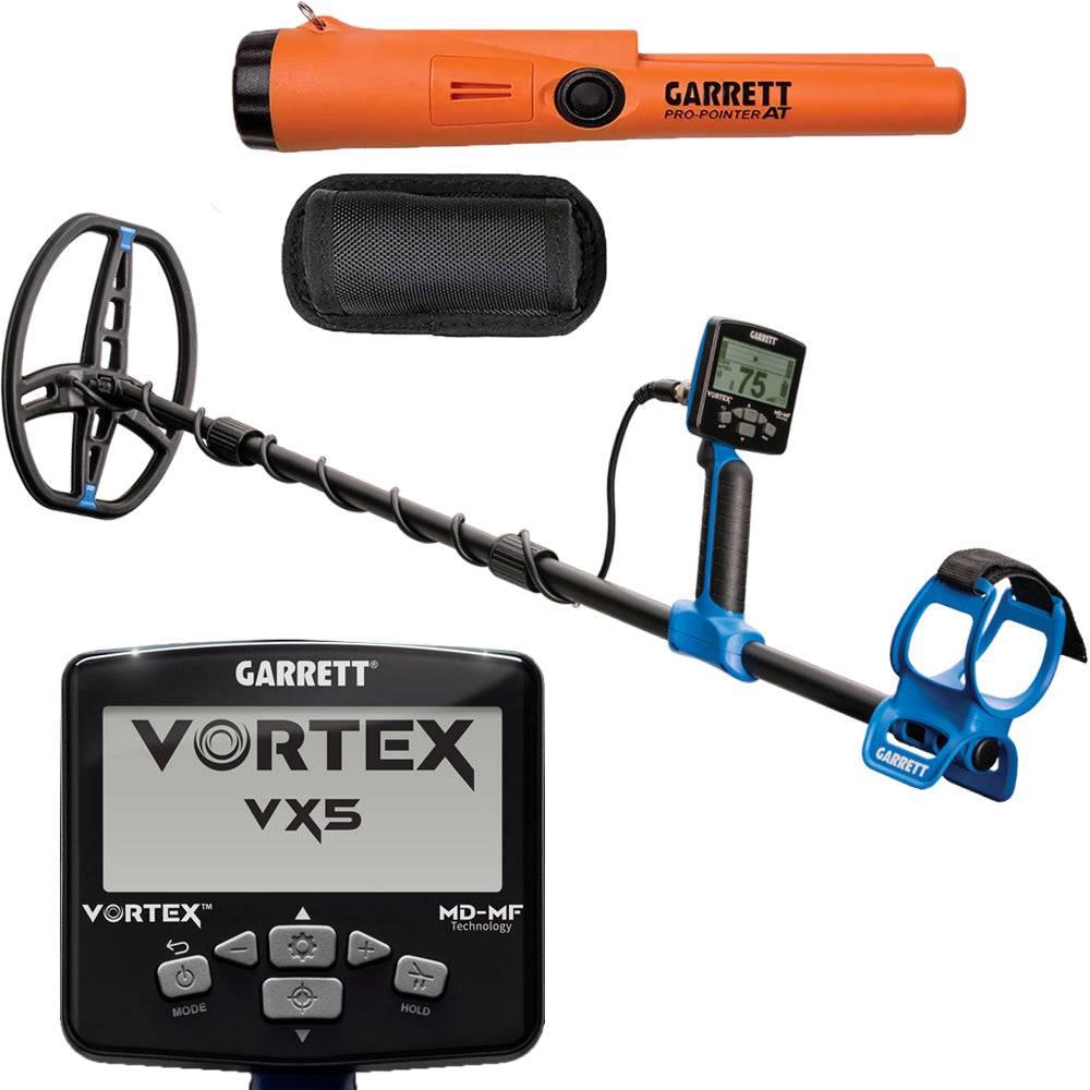 Garrett Metalldetektor-Set mit orangefarbenem tragbarem Pinpointer, Kontrollbox, Schaft, Suchspule und blauer Zubehörhalterung auf weißem Hintergrund.