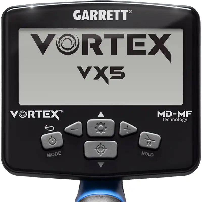 Garrett Vortex VX5 Metalldetektor-Bedienfeld mit Bildschirm und Tasten, beschriftet mit „VORTEX