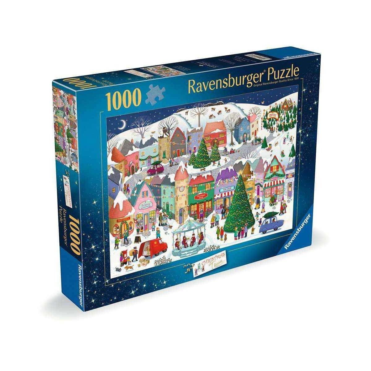 Schachtel eines 1000-teiligen Ravensburger-Puzzles mit einer bunten verschneiten Weihnachtsdorfszene mit Häusern, Bäumen und Menschen