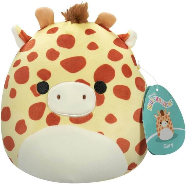 Plüsch-Giraffe Squishmallow Spielzeug mit beiger Behaarung und orangefarbenen Flecken, frontal ausgerichtet mit einem Etikett mit der Aufschrift „Gary