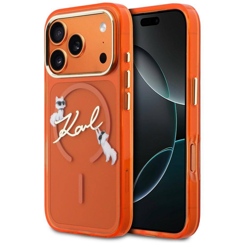 Orangefarbene iPhone-Hülle mit erhöhtem Kameraausschnitt und transparenter Rückseite, verziert mit dem Schriftzug 