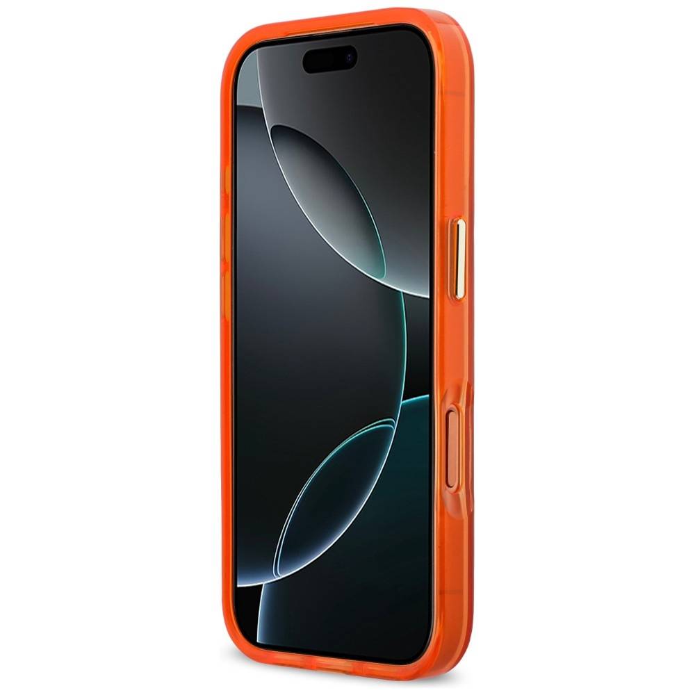 Orange-farbige Smartphone-Hülle auf einem Telefon mit schwarzem Bildschirm, mit Aussparungen für die Kamera, Seitentasten und den Ladeanschluss.