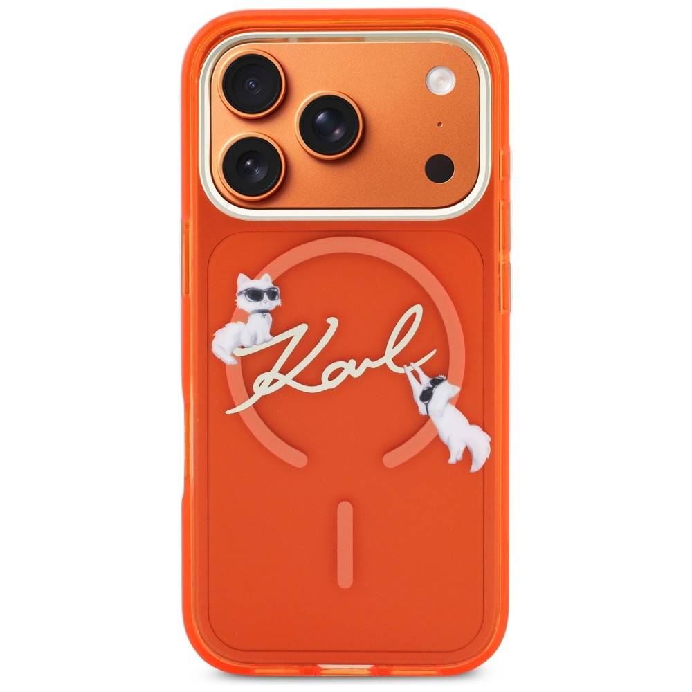Orange-farbene Smartphone-Hülle mit drei Kameraaussparungen und einem durchsichtigen MagSafe-Ring, verziert mit weißen Katzen und dem Wort 