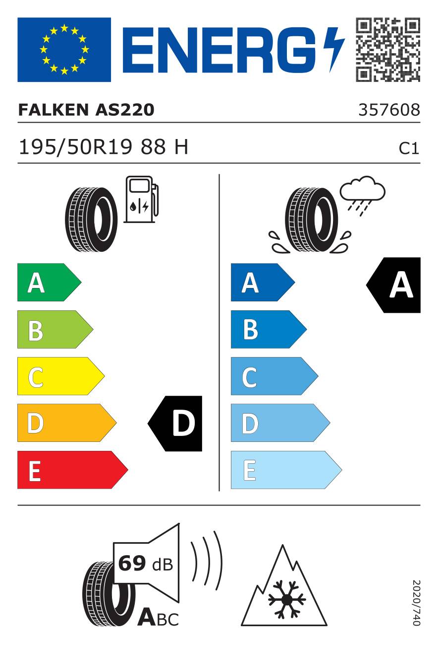 EU-Reifenenergieetikett für Falken AS220 195/50R19 88H: Klasse D Rollwiderstand, Klasse A Nasshaftung, 69 dB Lärm, Schneegreiffsymbol.