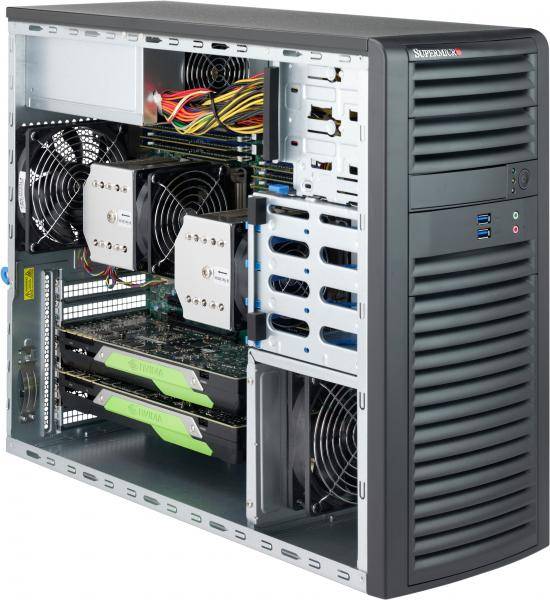Querschnittsansicht eines Desktop-Computer-Towers mit internen Komponenten, einschließlich Motherboard, Grafikkarten, Kühlventilatoren, Stromversorgung, Laufwerkschächten und Verkabelung.