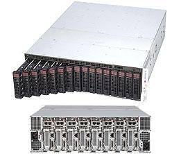 Front- und Rückansicht eines rackmontierten Server-Gehäuses mit mehreren Hot-Swap-Laufwerkschächten und Erweiterungssteckplätzen.