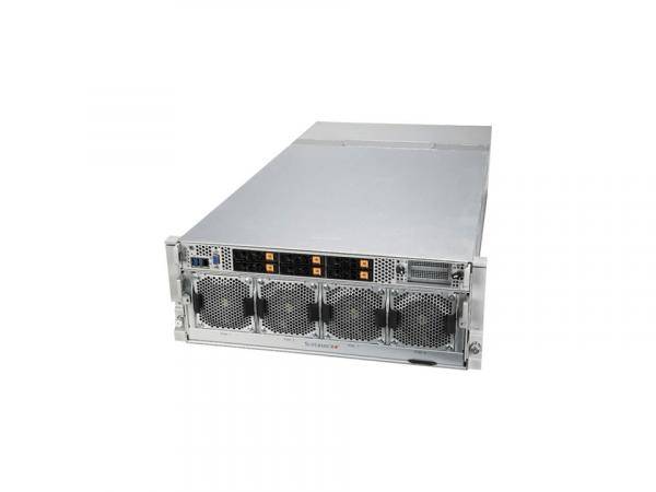 Vorderansicht eines silbernen Rack-Server-Gehäuses mit vier großen vorderen Lüftern und Statusleuchten auf weißem Hintergrund