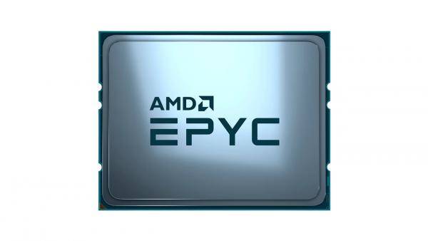 Nahaufnahme eines AMD EPYC-Prozessorchips mit den AMD- und EPYC-Logos auf der metallischen Oberfläche.