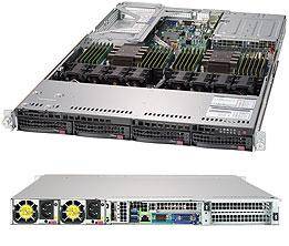 Vorder- und Rückansichten eines Rack-Server-Gehäuses mit Darstellung der internen Komponenten, Kühlventilatoren, Anschlüsse und Stromverbinder.
