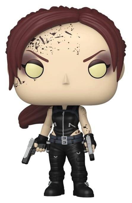 Stilisierte Actionfigur einer weiblichen Kämpferin mit rotem Haar und gelben Augen, die schwarze Taktikkleidung trägt und zwei Pistolen hält.