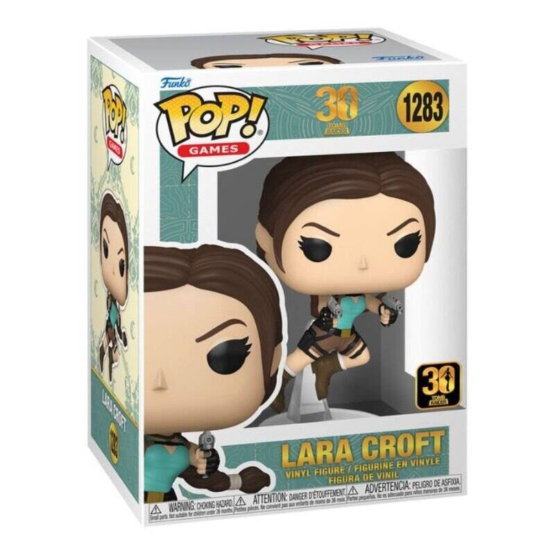 Funko Pop Spiele Lara Croft Vinyl-Figur in Einzelhandelverpackung, Nummer 1283, mit Tomb Raider 30-Jahres-Jubiläum-Branding.