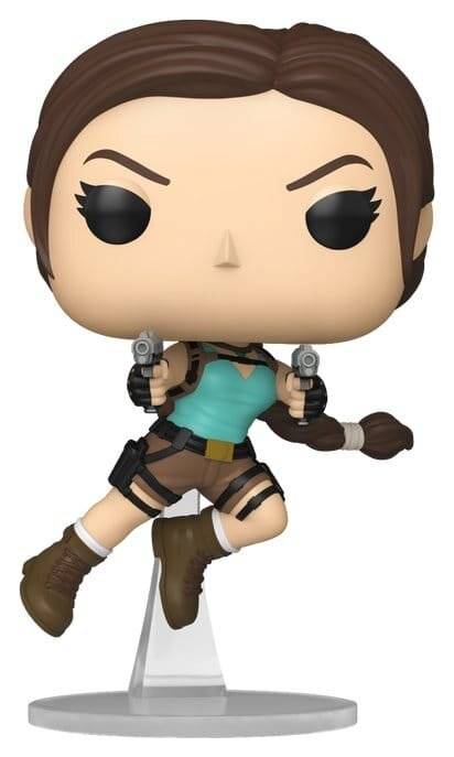 Stilisierte weibliche Actionfigur mit Doppelpistolen, braunem Zopf, Türkis-Top, Shorts, Stiefeln, in einer Sprungpose auf einem klaren Ständer.