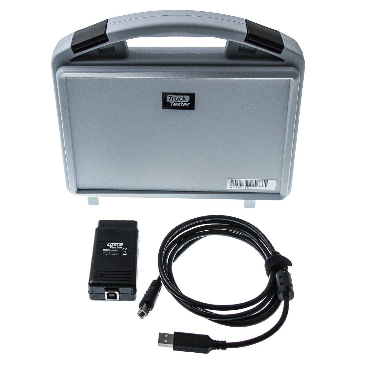 Truck Tester Kit mit Transportkoffer, kompaktes Gerät und USB-Kabel auf weißem Hintergrund.