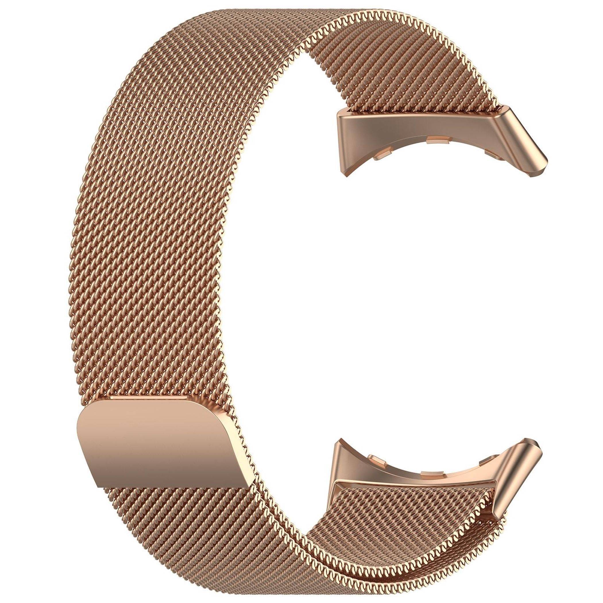 Rosegold-Metallarmband mit gewobenem Netzband und Magnetverschluss, isoliert auf weißem Hintergrund dargestellt.