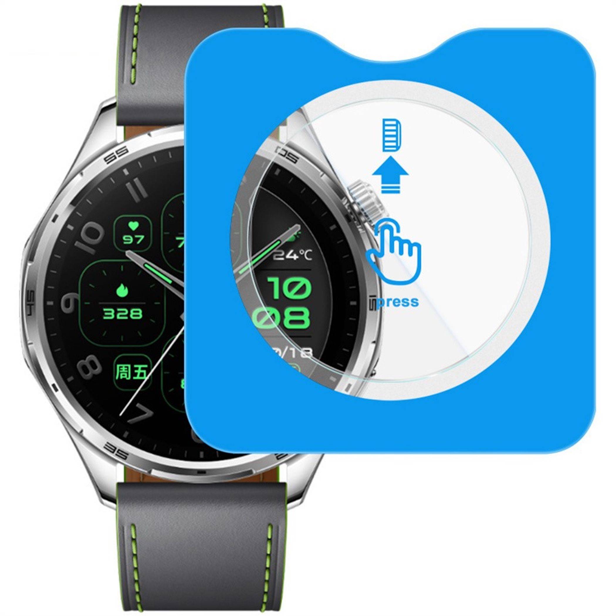Smartwatch-Illustration mit einer Seitentaste, die gedrückt wird, mit einem Pfeil und Fingersymbol, das zeigt, wie die Uhr bedient wird.