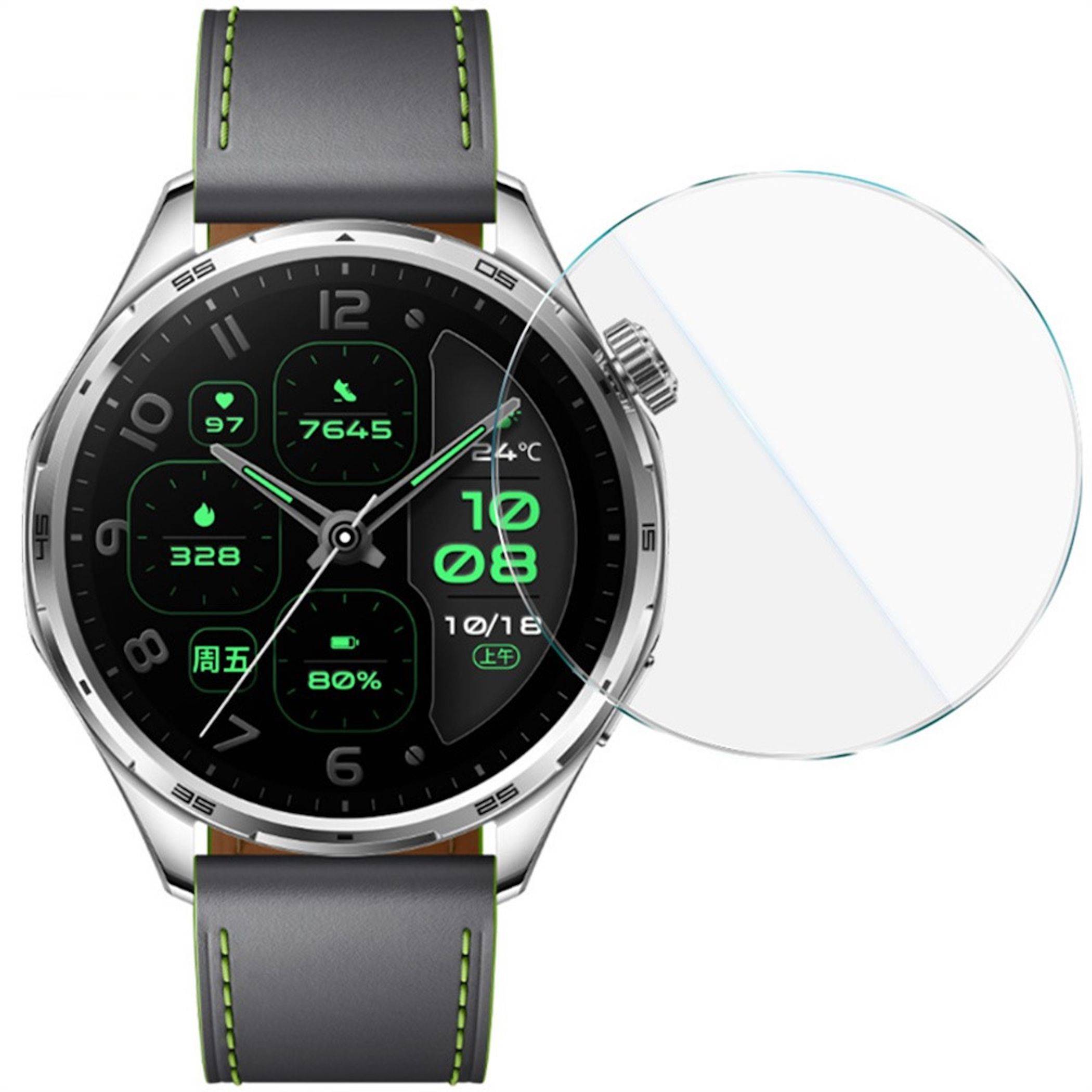 Smartwatch mit schwarzem Zifferblatt und grauem Armband, das digitale Gesundheitsstatistiken und die Uhrzeit in Grün anzeigt, mit einer kreisförmigen Linse oder einem Displayschutz daneben.