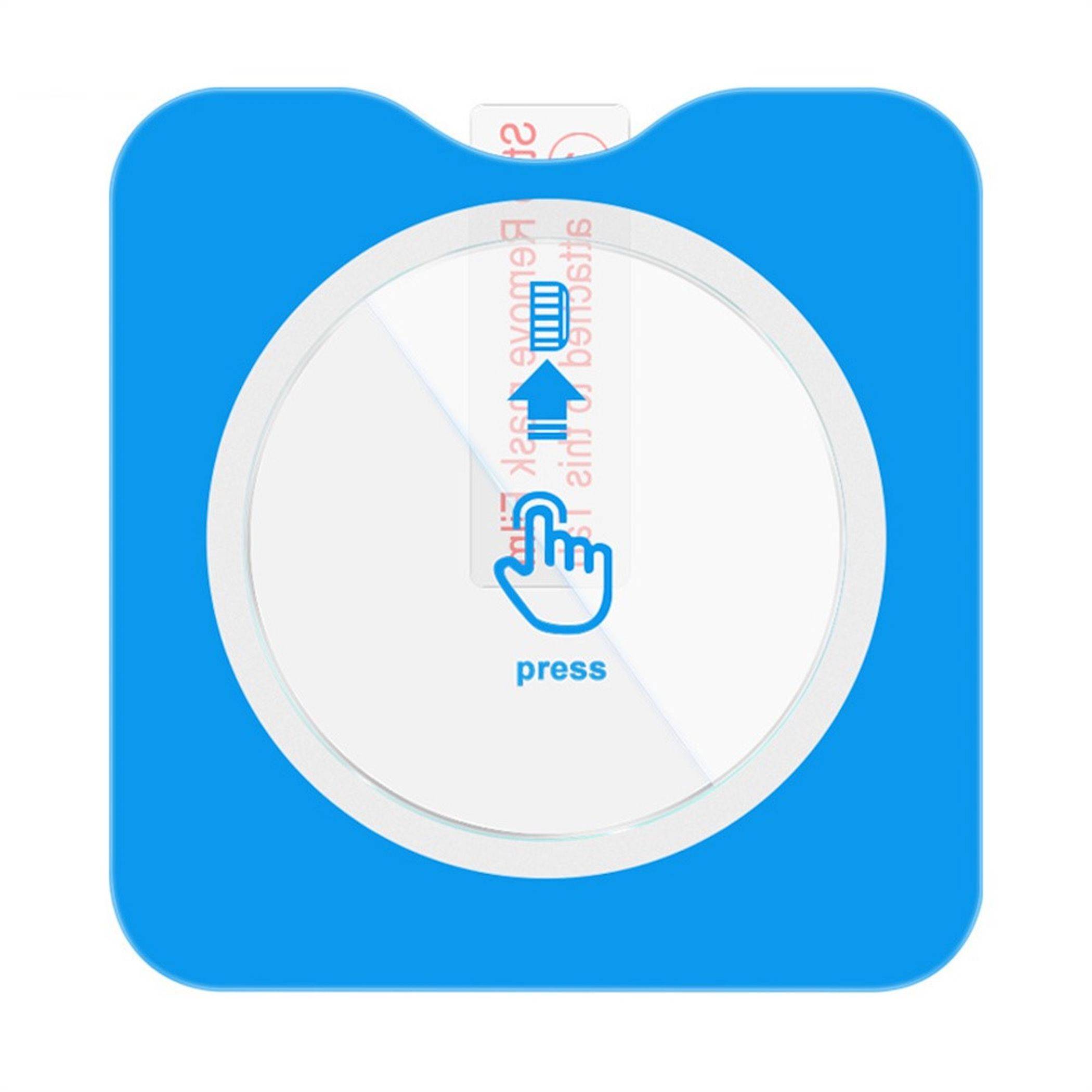 Blauer quadratischer Button mit großem weißem kreisförmigem Zentrum und einem Handicon, das nach oben drückt, beschriftet mit „press