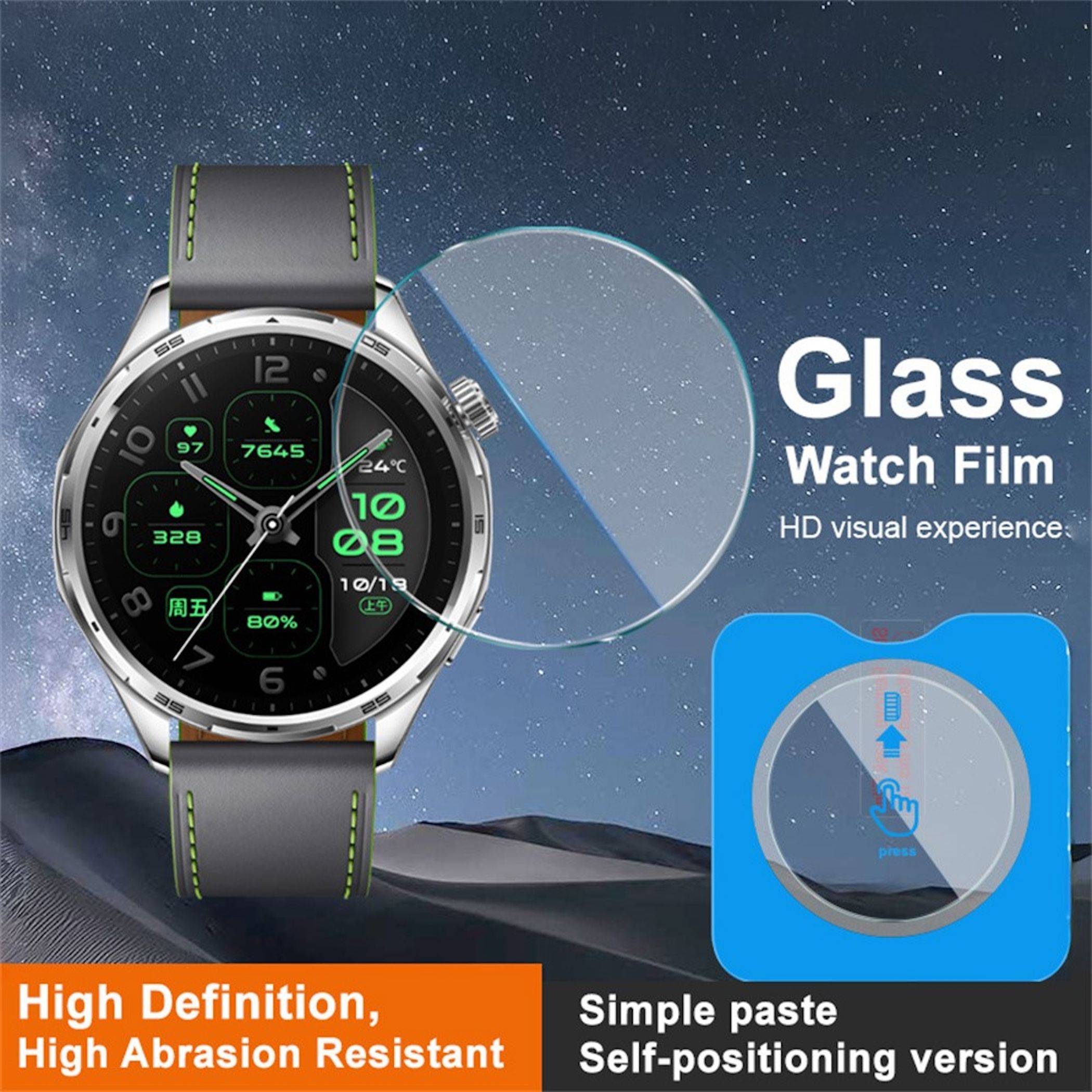 Smartwatch mit rundem Glaschutzfilm; der Text besagt: „Glass Watch Film