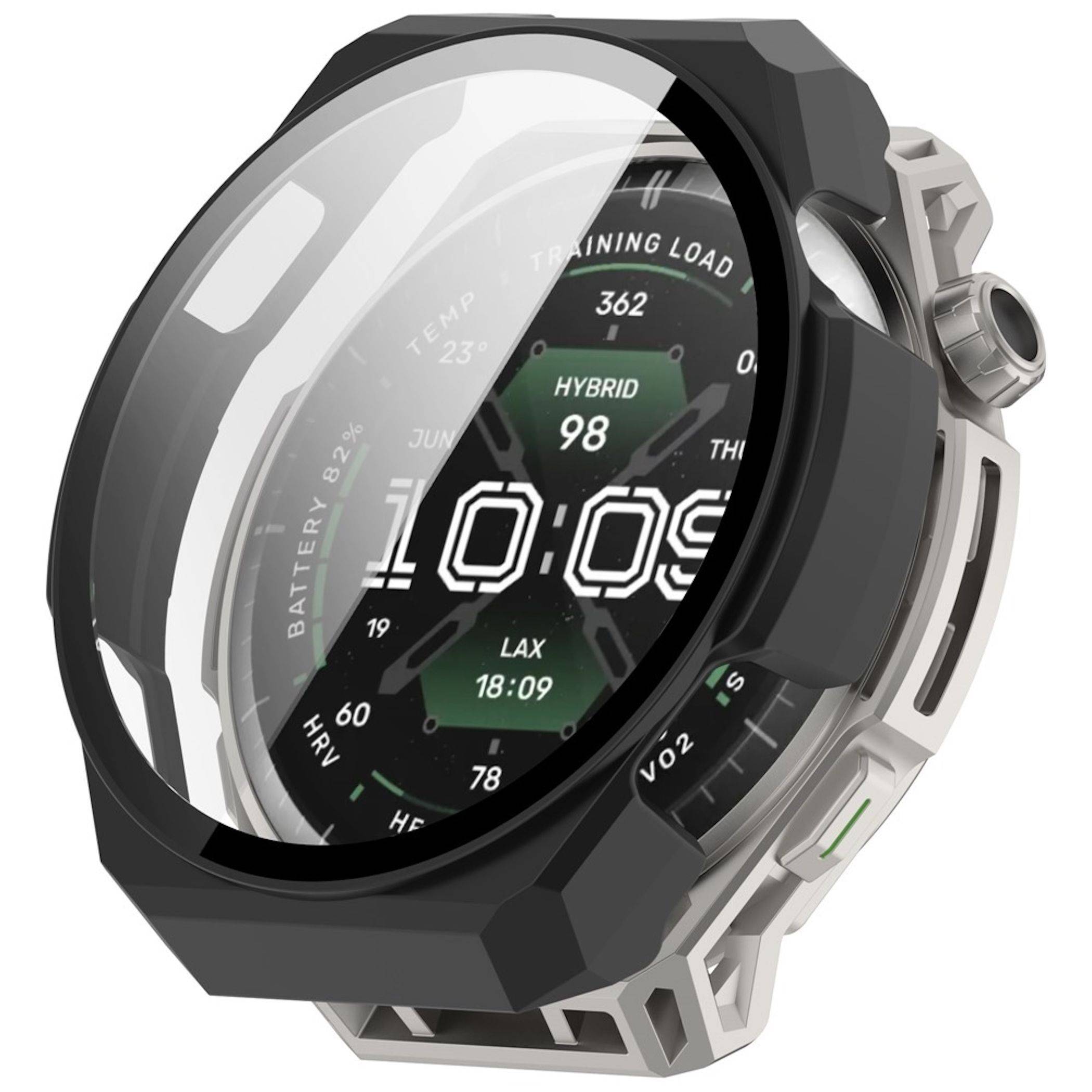Eine robuste schwarz-silberne Smartwatch im Winkel fotografiert, mit einem digitalen Zifferblatt, das 10:09 anzeigt, 'HYBRID 98', Trainingsbelastung, Akku, Herzfrequenz und Standortdetails.