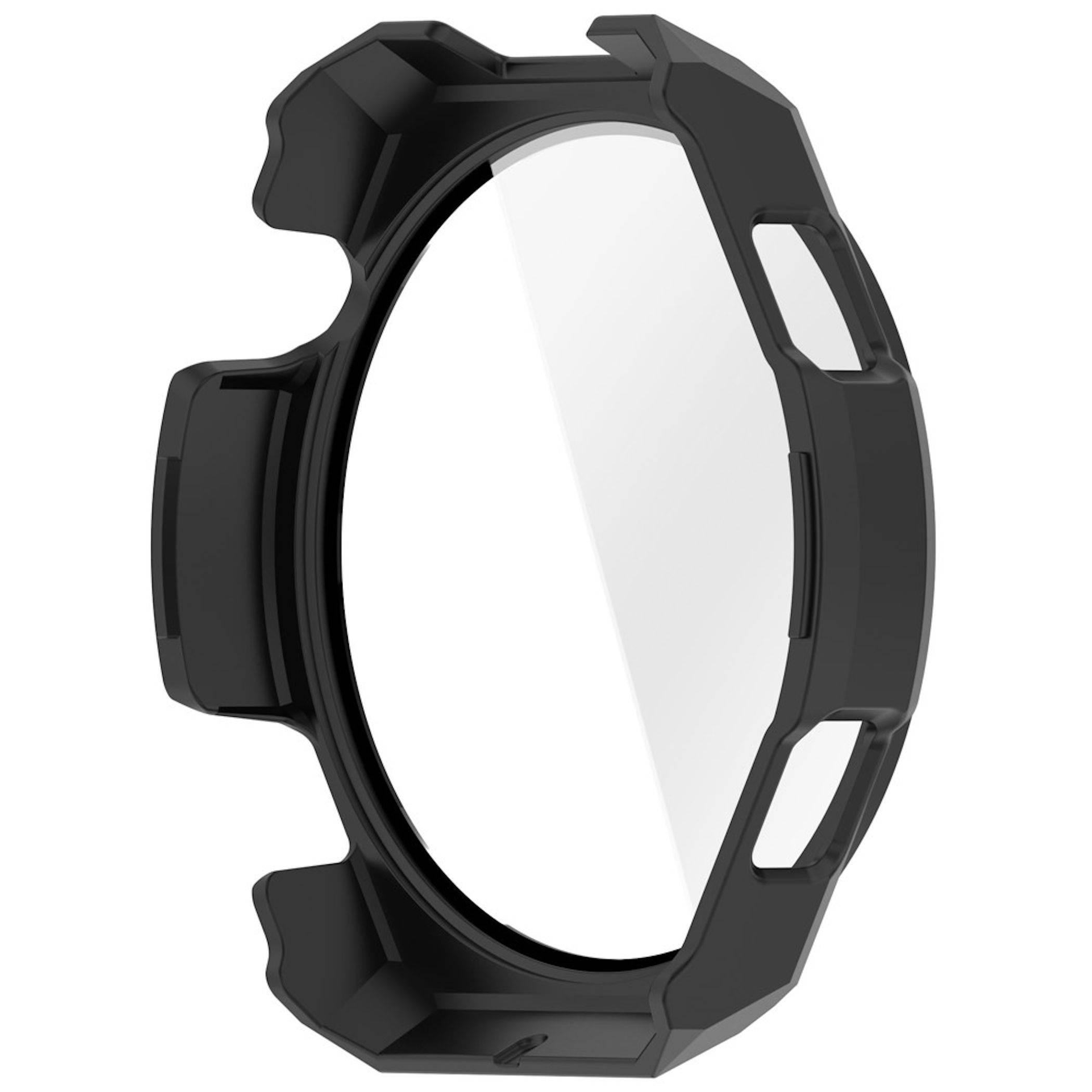 Schwarze Schutzlünette oder Geräterahmen für eine runde Smartwatch, in Profilansicht auf weißem Hintergrund dargestellt.