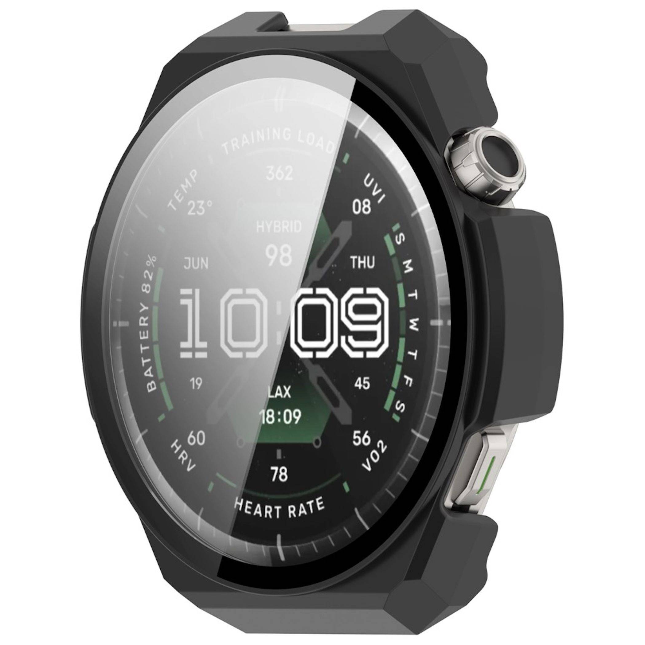 Schwarze Smartwatch mit rundem digitalem Zifferblatt, das 10:09 und Fitnessdaten wie Temperatur, Akkuladestand, Herzfrequenz, VO2 und Trainingsbelastung anzeigt.