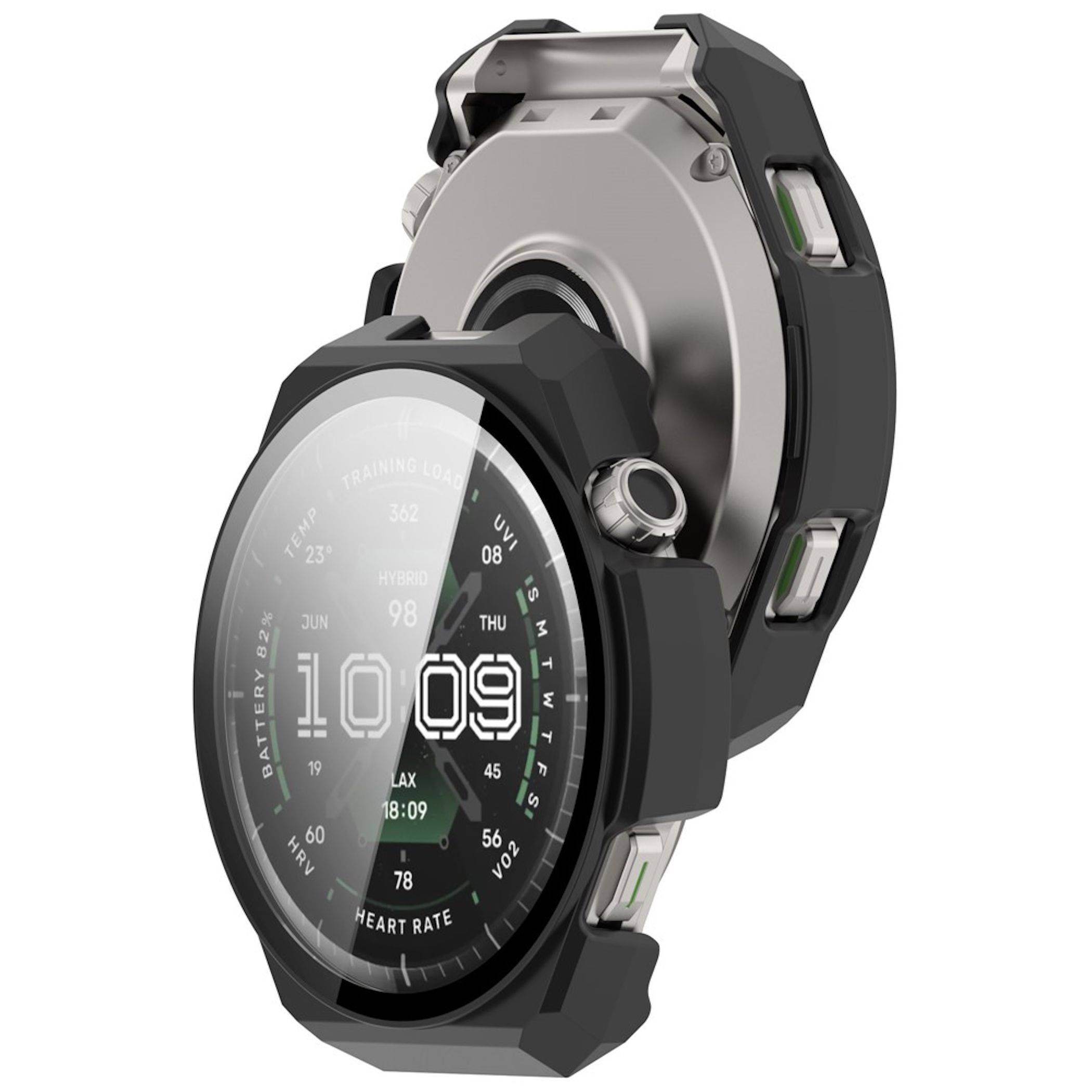 Schwarze robuste Smartwatch mit rundem digitalen Display, das 10:09 und Fitness-Statistiken anzeigt, in Schrägansicht vor weißem Hintergrund.