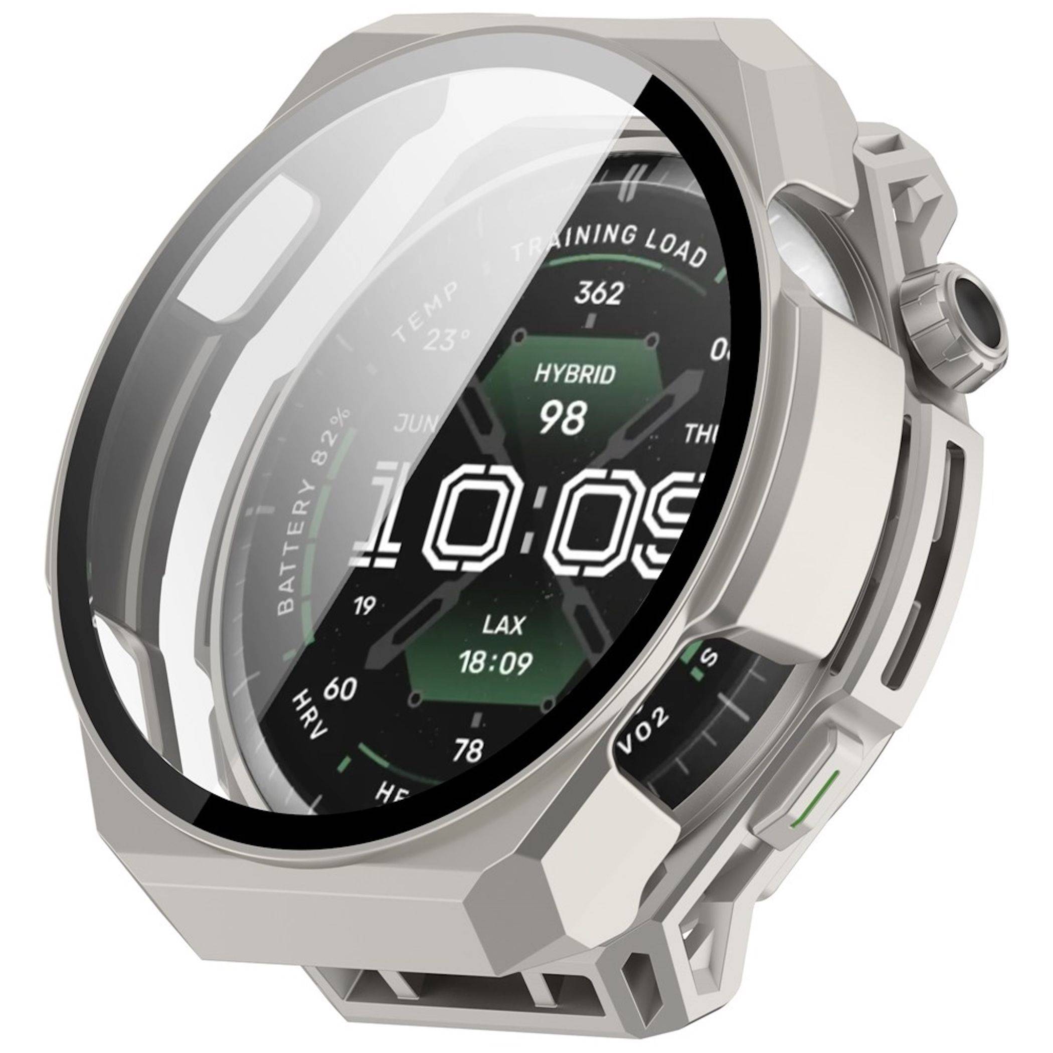 Eine robuste silberne Smartwatch mit rundem digitalen Display, das 10:09 anzeigt, zusammen mit Trainingsbelastung, Akkustand, Herzfrequenz und VO2-Kennwerten.