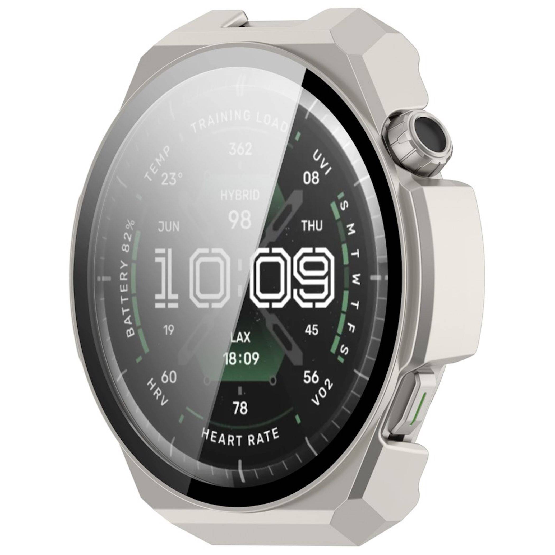 Eine silberne Smartwatch mit schwarzem rundem digitalen Display, das 10:09 anzeigt, das Datum Thu Jun 19 und Fitnessdaten wie Herzfrequenz, Akkuladung, Temperatur und Trainingsbelastung.