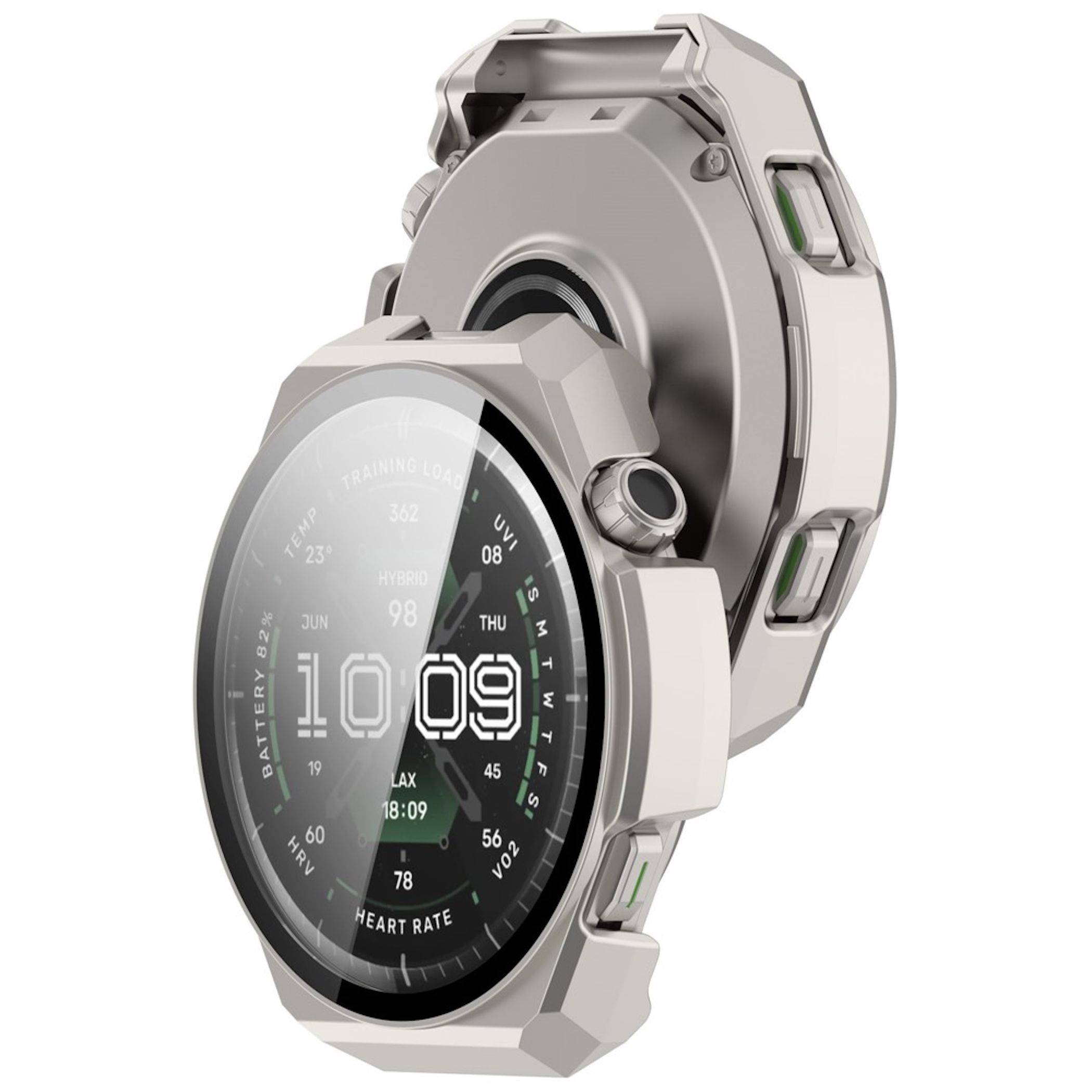 Zwei robuste Silber-Smartwatches in schräger Ansicht, mit rundem Digital-Display und Seitentasten auf weißem Hintergrund.