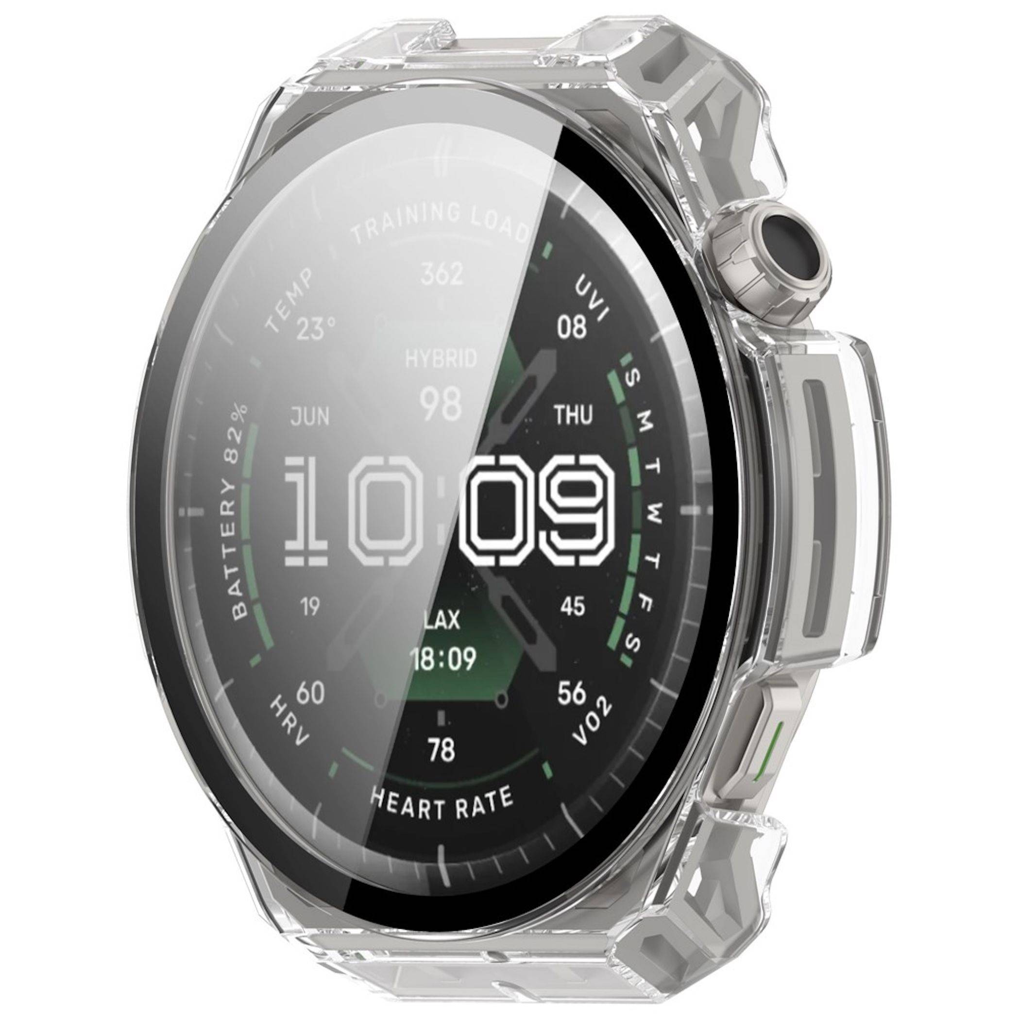 Transparente Smartwatch mit rundem digitalen Display, das 10:09 anzeigt, sowie Fitness-Statistiken wie Herzfrequenz, Akku 82%, Temperatur 23° und Trainingsbelastung.