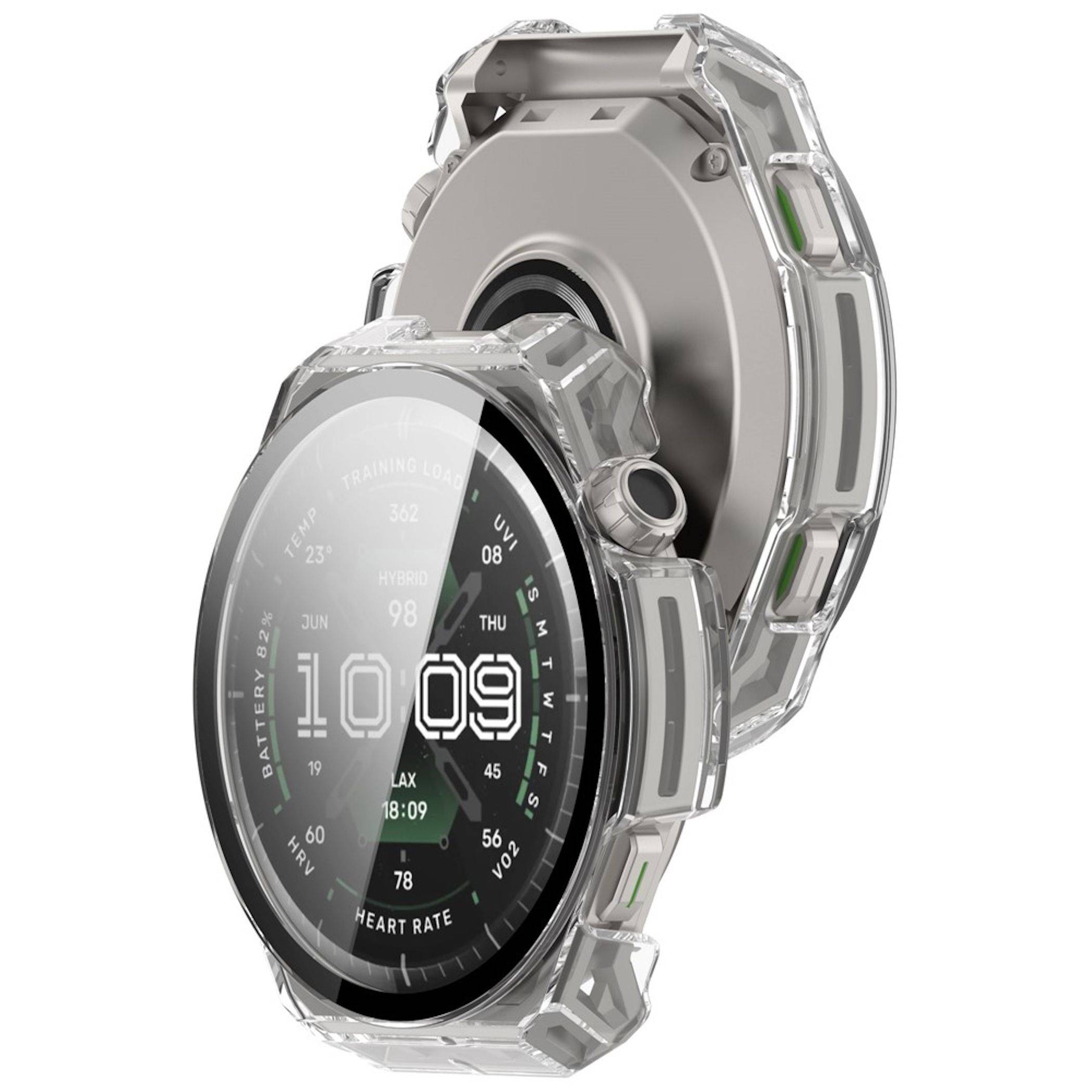 Transparente Schutzhülle mit einer schwarzen digitalen Smartwatch, die ein kreisförmiges Fitness-Uhren-Zifferblatt mit Uhrzeit, Batteriestand, Herzfrequenz und Trainingsstatistiken anzeigt.