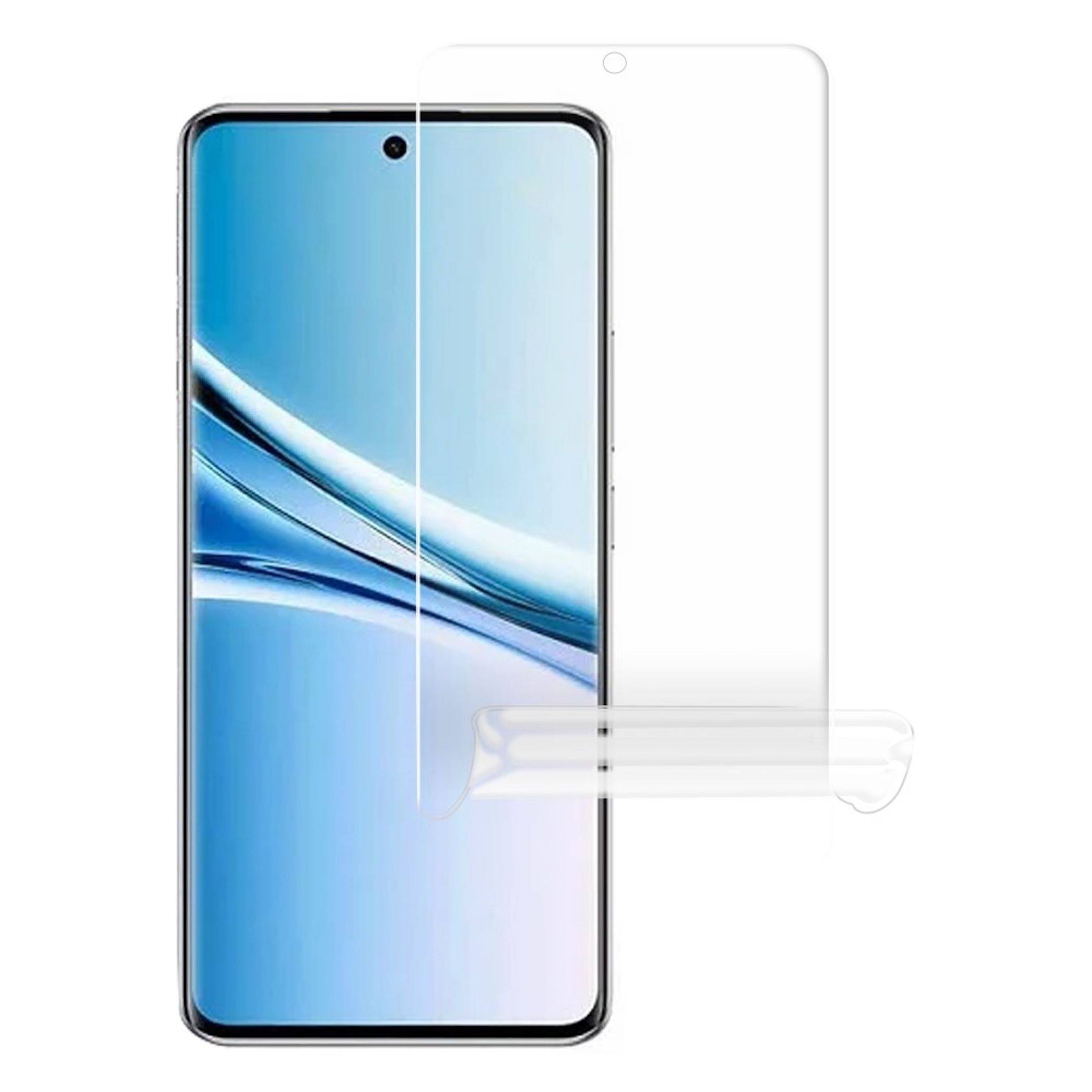 Smartphone mit einem klaren Displayschutz aus gehärtetem Glas, das über dem Telefon ausgerichtet angezeigt wird und die vollständige Bildschirmabdeckung und die Aussparung für die Frontkamera hervorhebt.