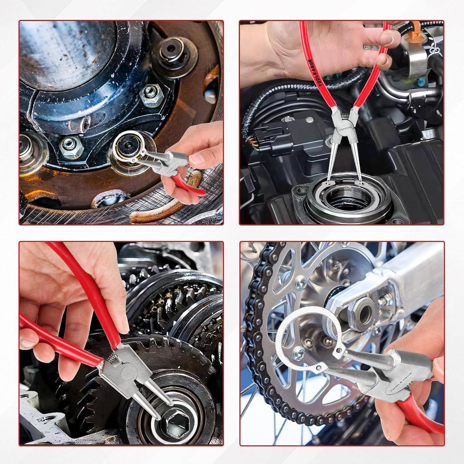 Collage von Händen, die Zangen verwenden, um Sicherungsringe und Sprengring auf mechanischen Teilen zu installieren und zu entfernen, einschließlich einer Fahrradkette und Motorkomponenten.