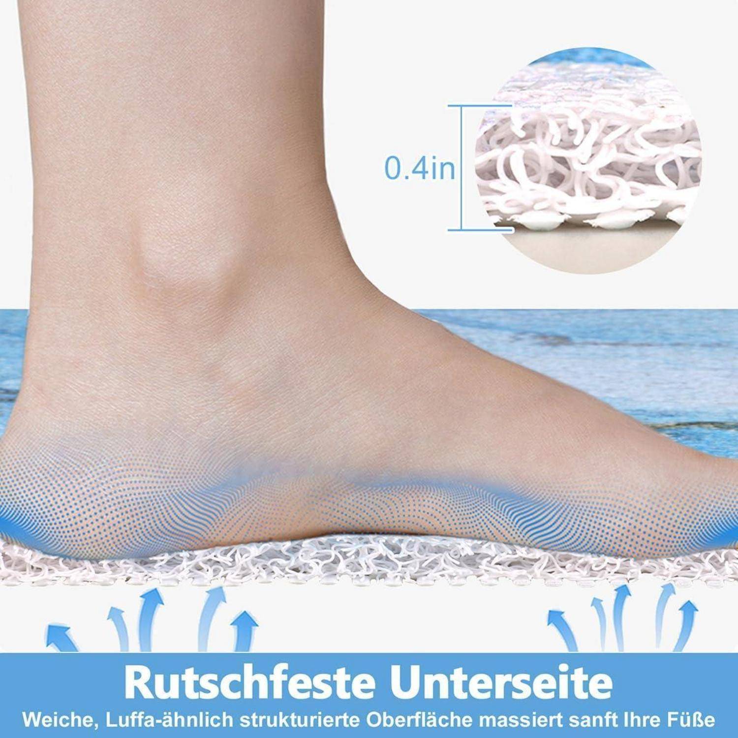 Fuß tritt auf eine gepolsterte Matte; die Vergrößerung zeigt ihre 0,4 Zoll dicke strukturierte Oberfläche, mit deutschem Text, der eine weiche, rutschfeste Unterseite und sanfte Fußmassage bewirbt.