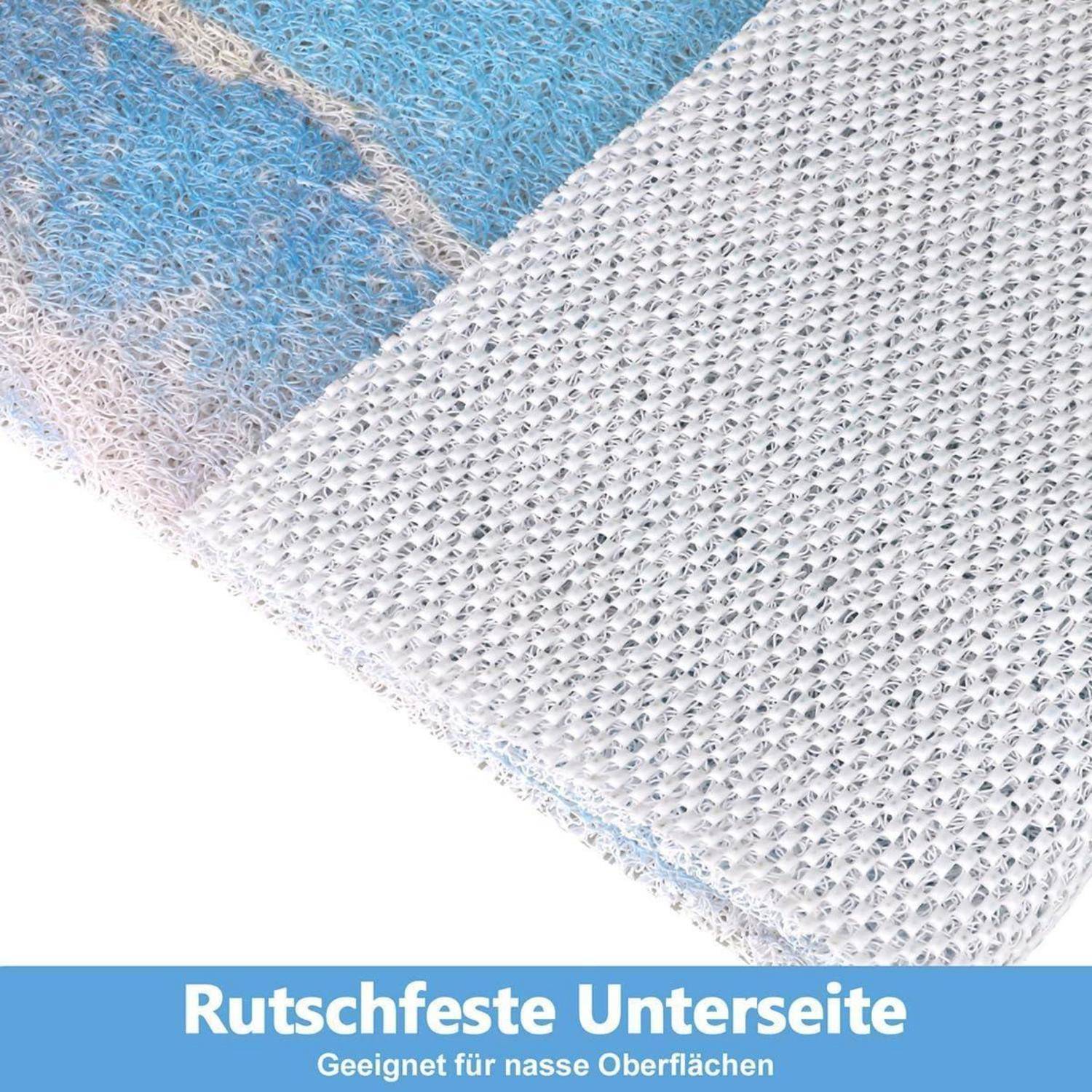 Nahaufnahme einer weißen strukturierten rutschfesten Unterseite auf blauem Hintergrund, beschriftet auf Deutsch mit „Rutschfeste Unterseite" und „Geeignet für nasse Oberflächen"".