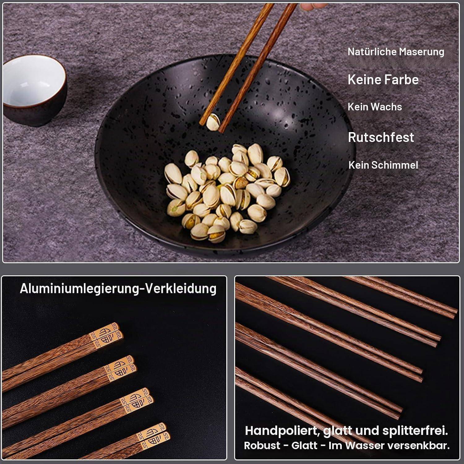 Geteiltes Bild von Holzstäbchen mit kupferfarbenen Legierungsspitzen, gezeigt in einer Schale mit Pistazien und Nahaufnahmen, die natürliche Holzmaserung, rutschfest, wachsfrei, schimmelfrei, glatte, robuste und wasserfeste Eigenschaften hervorheben.