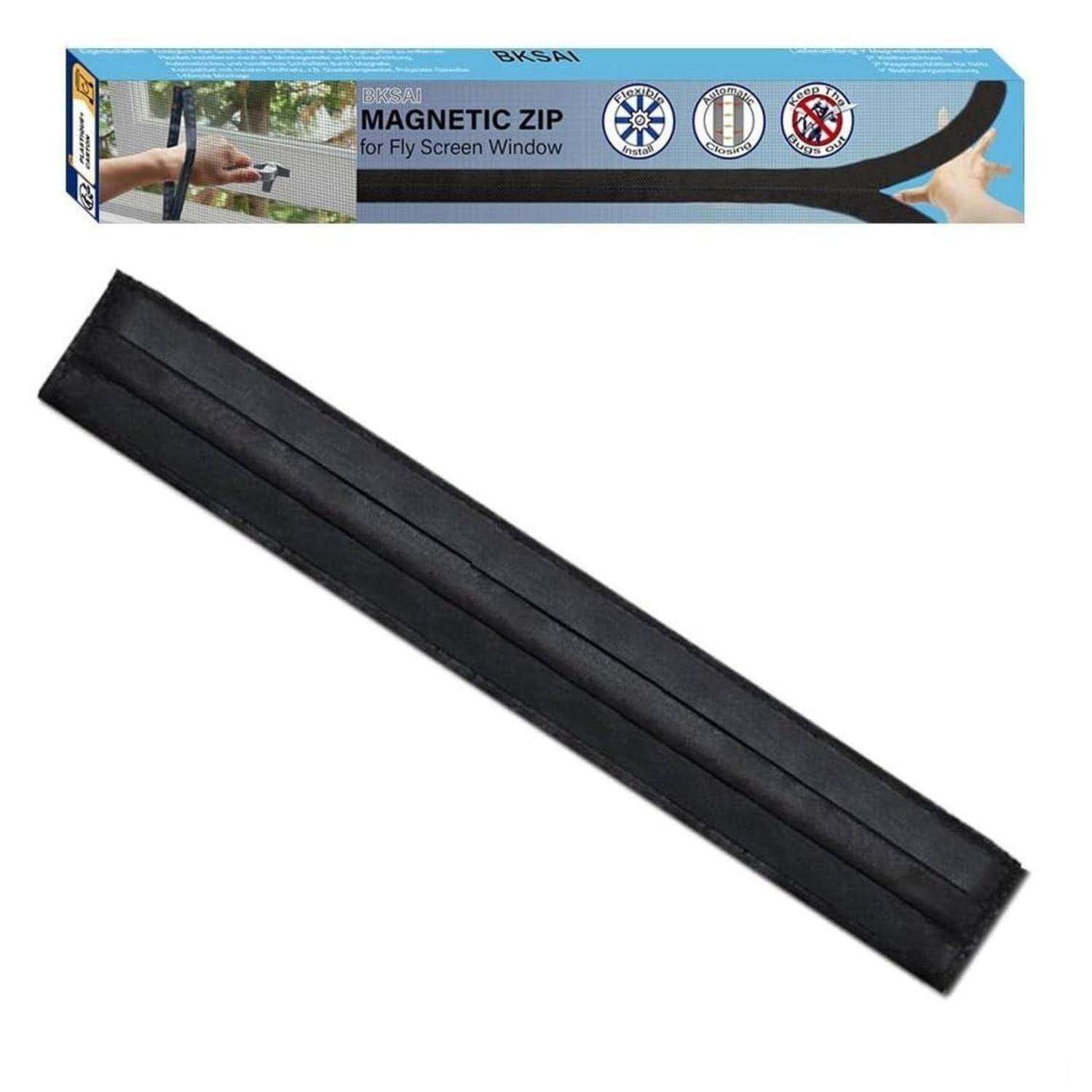 Schwarzer magnetischer Reißverschlussstreifen für Fliegengitter-Fenster, gezeigt mit Produktverpackung und einem Beispiel der Installation auf einem Fensterrahmen.