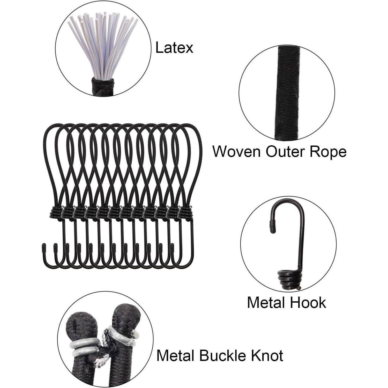 Illustration eines Bungee-Seils mit Beschriftungen, die seine Teile zeigen: Latexkern, geflochtenes Außenseil, Metallhaken und Metallschnallknoten.