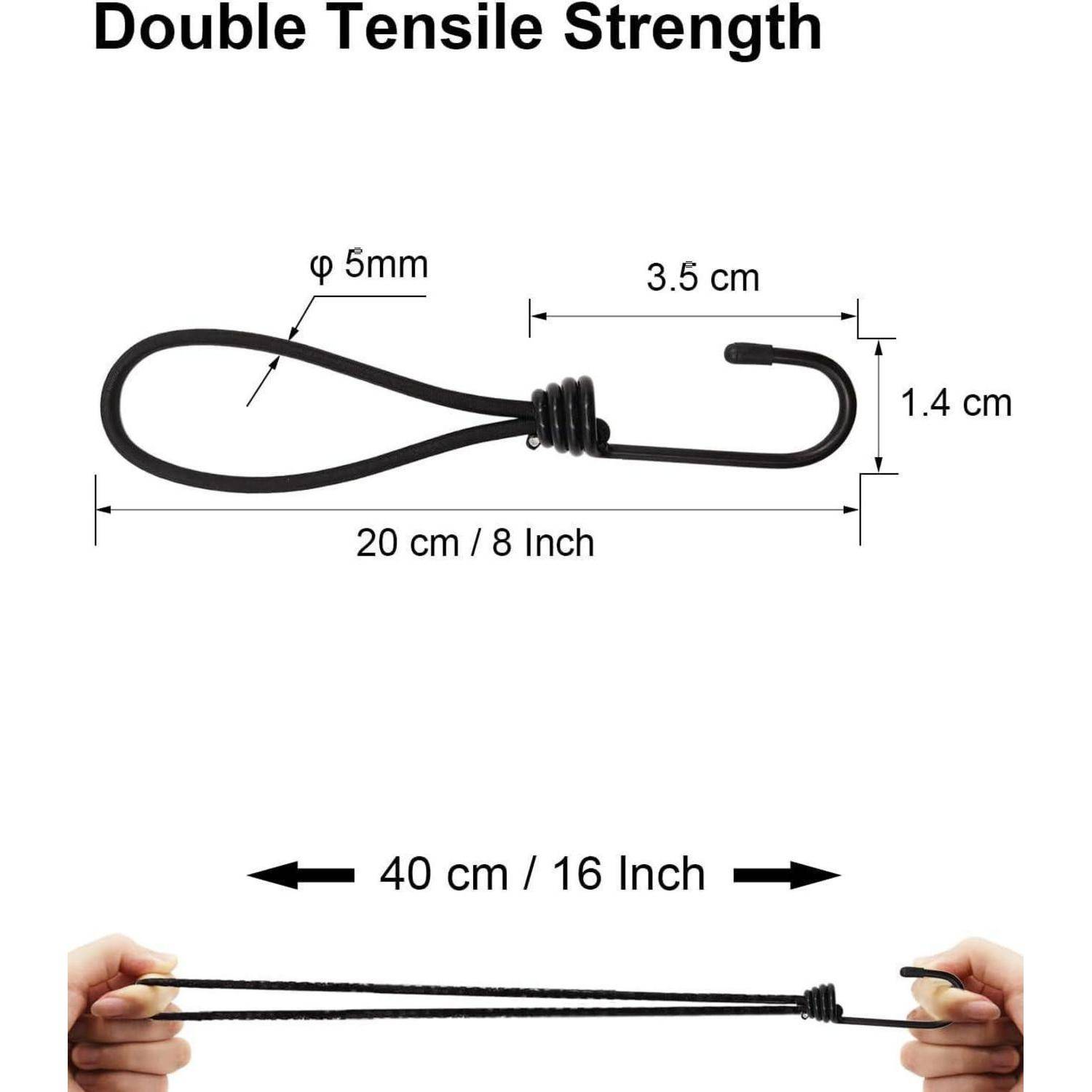 Diagramm eines Doppelzug-Festigkeitsdrahthakens, gekennzeichnet mit den Abmessungen 20 cm Länge, 5 mm Durchmesser, 3,5 cm Haken, 1,4 cm Höhe und 40 cm gestreckte Länge.