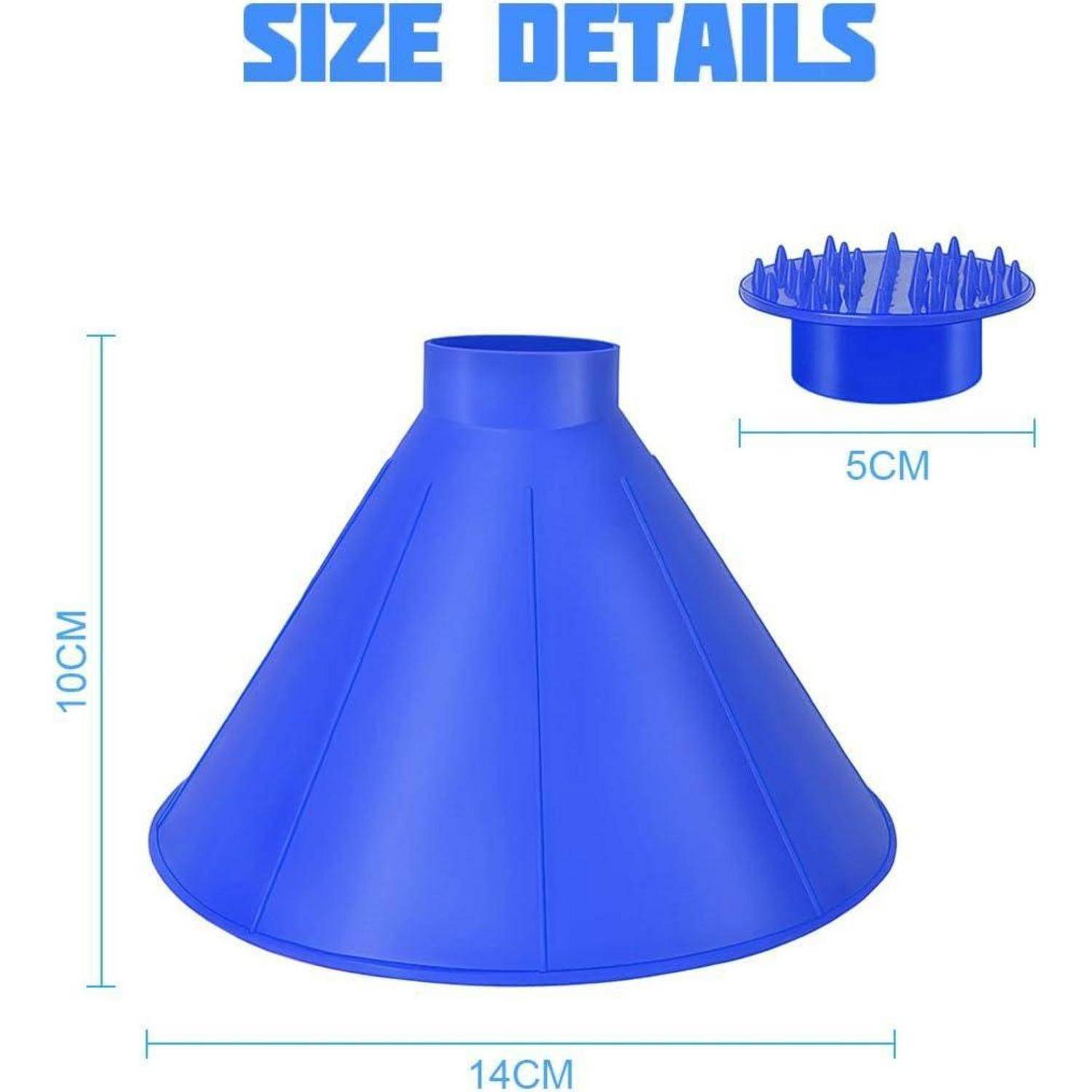 Blaue Silikonzusatz-Größendetails-Grafik, die einen 10 cm hohen Trichter mit 14 cm Basis und 5 cm oberer Öffnung zeigt, plus Nahaufnahme des gezackten Einsatzes.