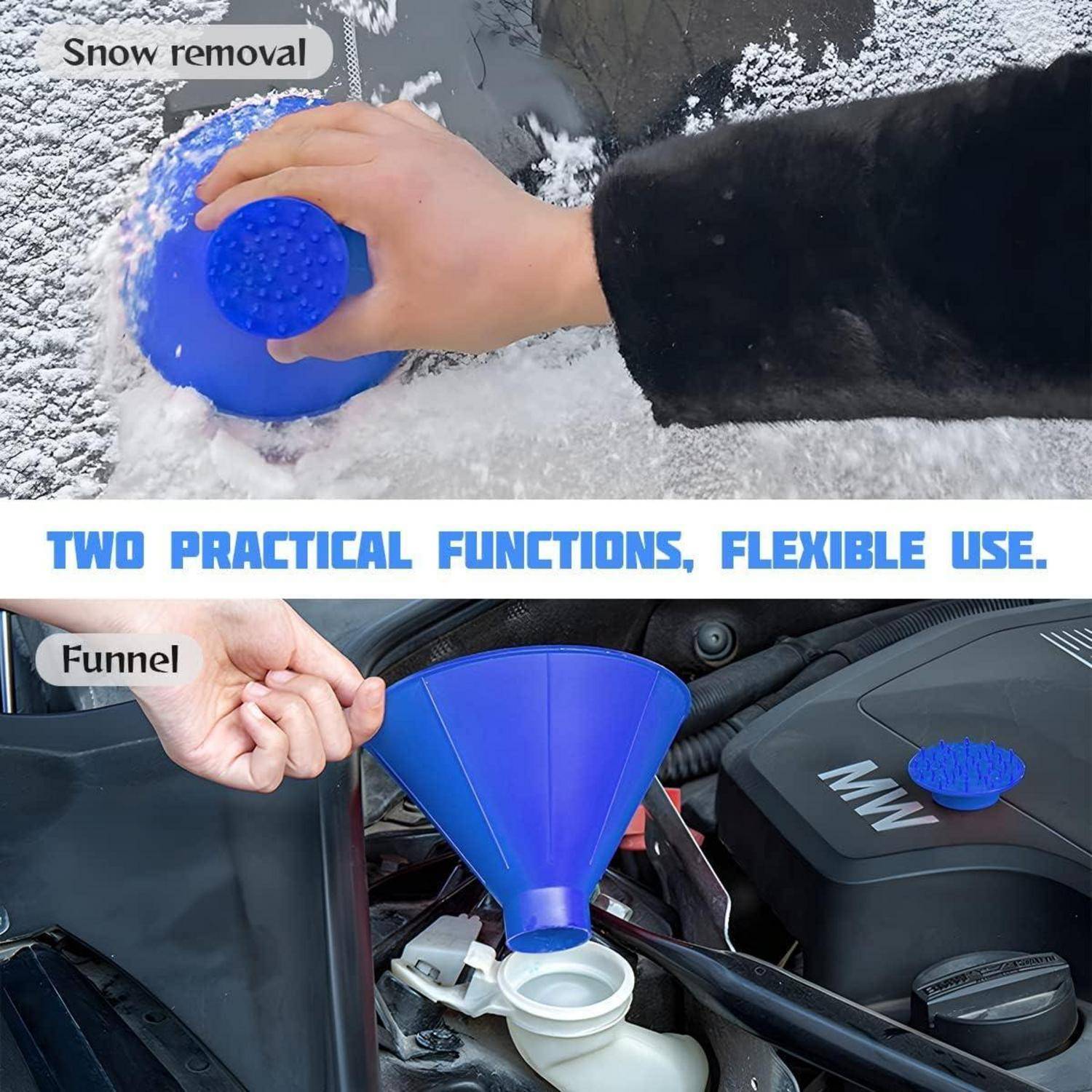 Blaues tragbares Schneeräumungs- und Trichterwerkzeug zum Schneefegen von einem Auto und zum Einfüllen von Flüssigkeit in einen Motorraum, mit dem Text „ZWEI PRAKTISCHE FUNKTIONEN, FLEXIBLES EINSATZ."