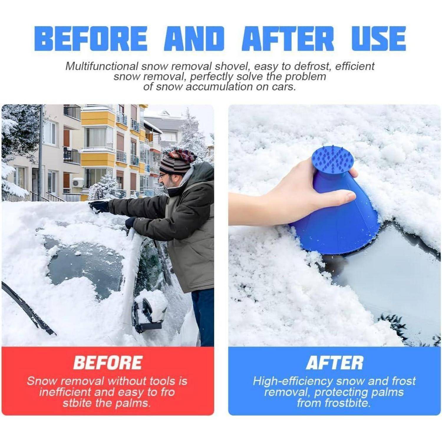 Vorher-und-Nachher-Anzeige für eine Schneeschaufel: Links ist eine Person zu sehen, die schwere Schneelasten von Hand von einem Auto entfernt, rechts zeigt ein blauer Eiskratzer, wie er Schnee und Frost entfernt, während er die Hände schützt.