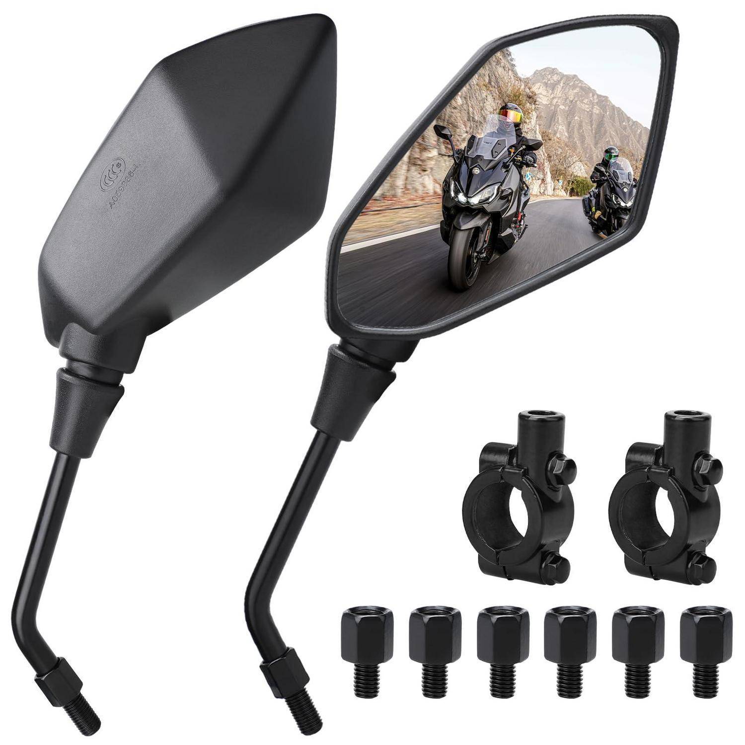 Motorrad-Seitenspiegel mit Vorder- und Spiegelansichten, mit Befestigungsklemmen und Bolzen im Lieferumfang enthalten.