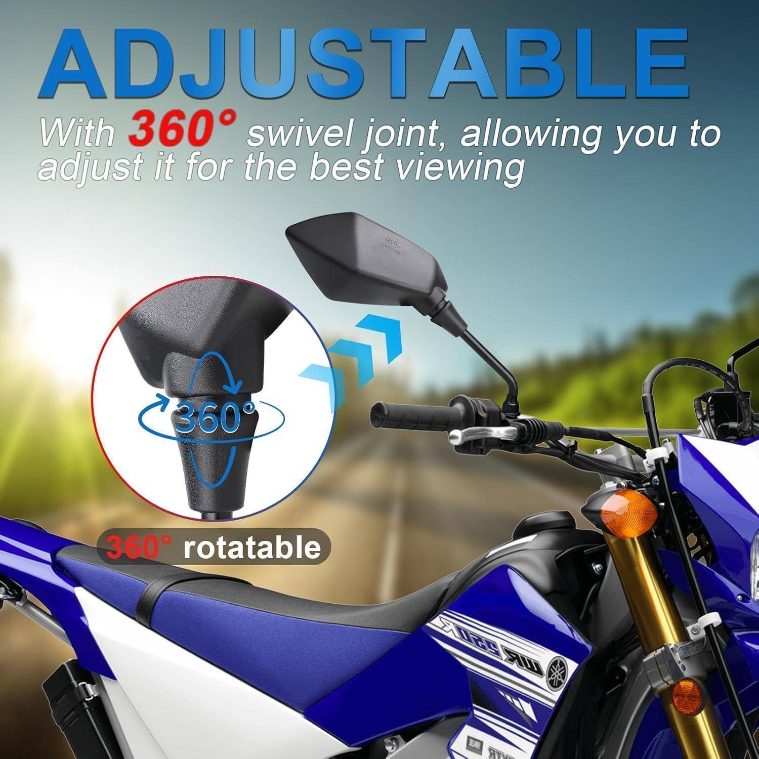 Werbegrafik eines Motorrad-Seitenspiegels mit einem 360°-Drehgelenk, beschriftet mit „VERSTELLBAR