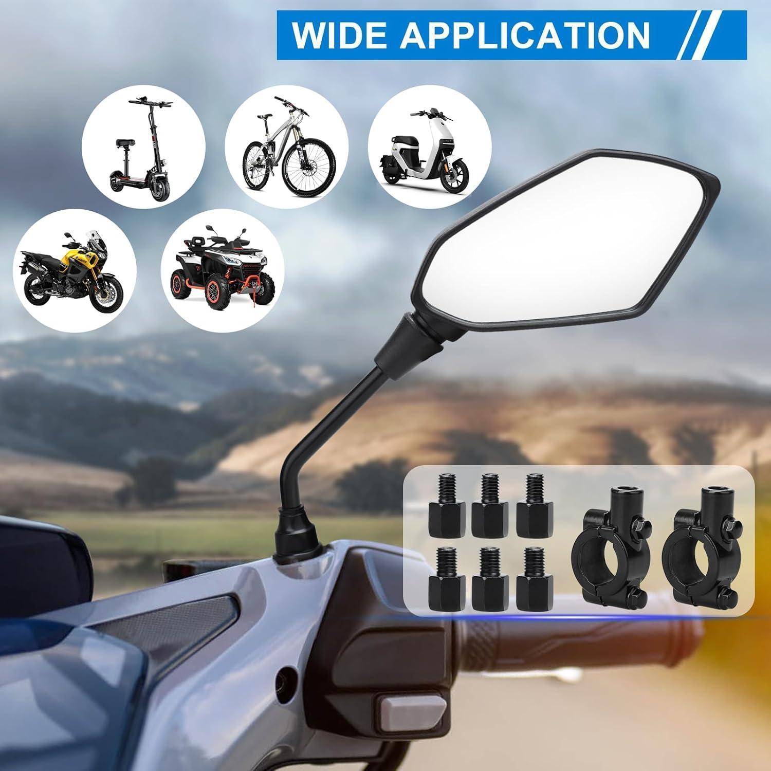 Motorrad-Lenkerspiegel, dargestellt auf einem Roller, mit Banner „BREITE ANWENDUNG