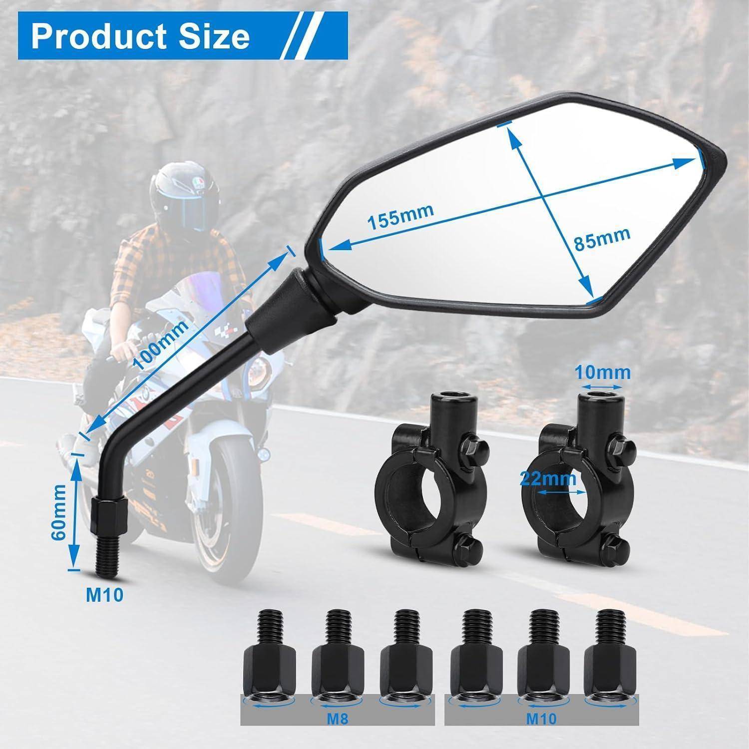Produktgrößendiagramm für Motorrad-Außenspiegel mit Spiegeldimensionen von 155mm x 85mm, Armlängen von 100mm und 60mm, M10-Befestigung und enthaltenen Klemmengrößen M8/M10.