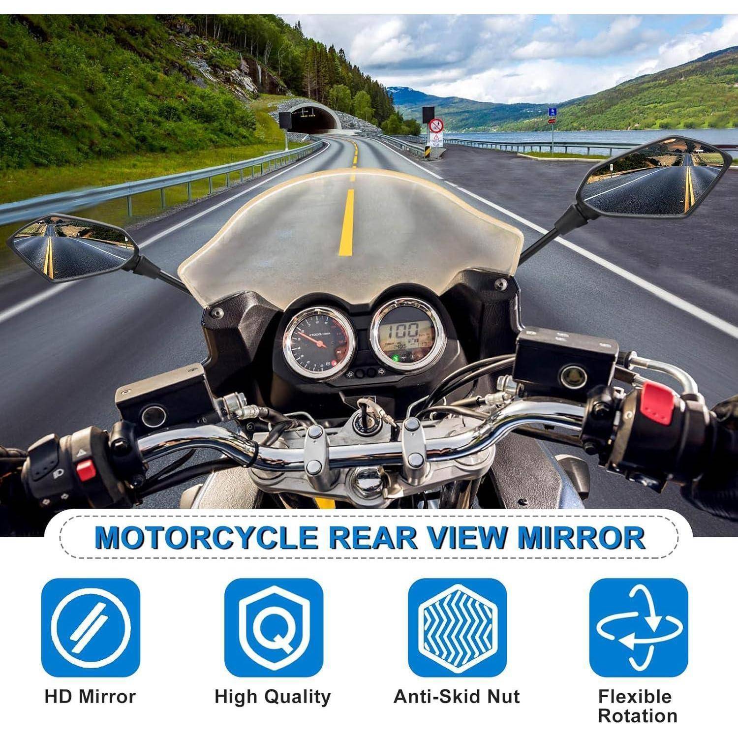 Motorradlenker-Blickwinkel auf einer malerischen Straße neben Wasser, mit Produktsymbolen darunter, die einen Rückspiegel bewerben: HD-Spiegel, hochwertige Qualität, rutschfeste Mutter, flexible Drehung.